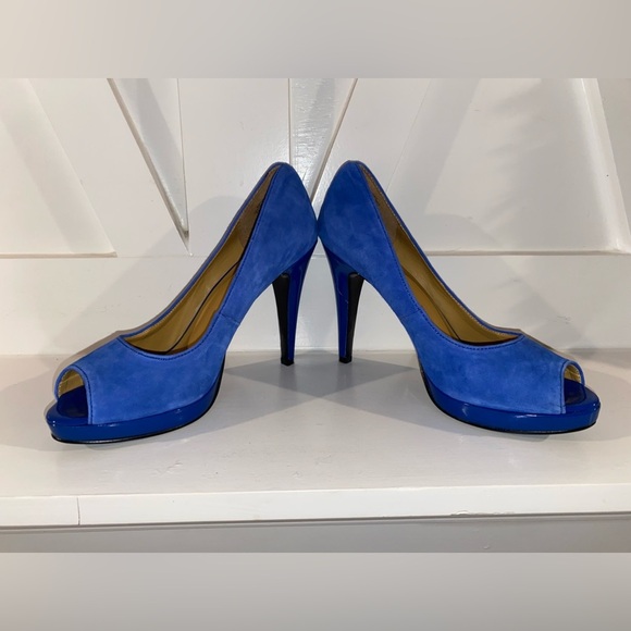 Nine West Royal Blue Peep Toe Heels size 7.5 Funky Colorful Spring Heels Party - Picture 5 of 8